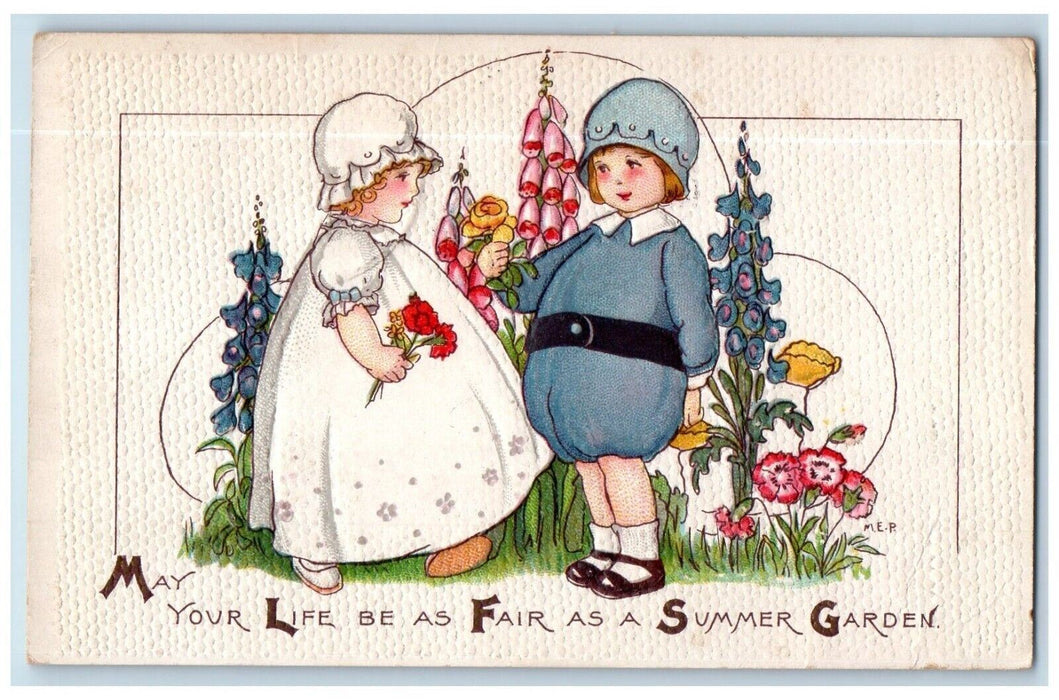 1915 Valentine Girl Boy Flowers Garden Embossed Auburn Massachusetts MA Postcard