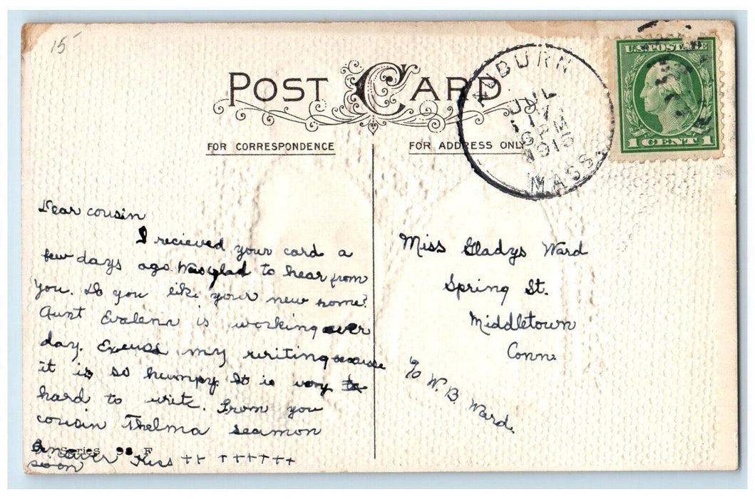 1915 Valentine Girl Boy Flowers Garden Embossed Auburn Massachusetts MA Postcard