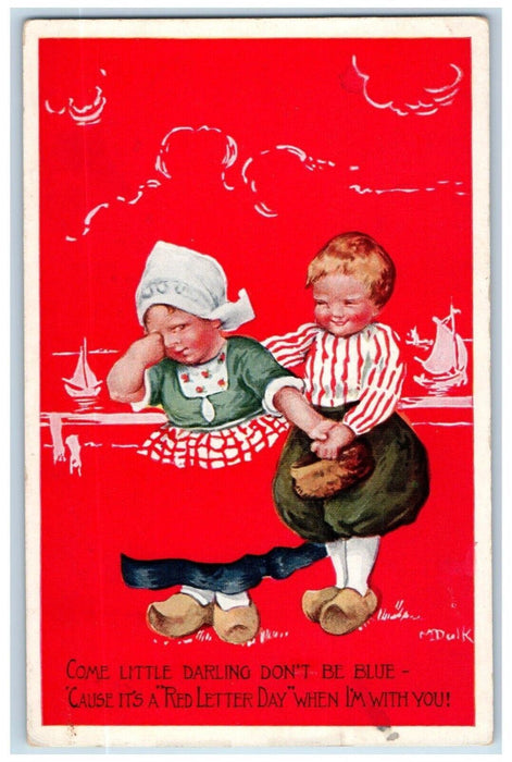 1915 Valentine Dutch Boy Girl Crying Natick Massachusetts MA Antique Postcard