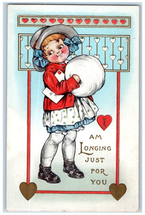 c1910's Valentine Jolly Girl Letter Handwarmer Heart Embossed Antique Postcard
