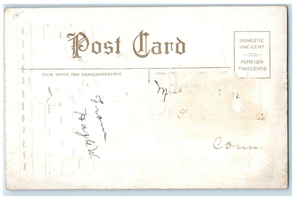 c1910's Valentine Jolly Girl Letter Handwarmer Heart Embossed Antique Postcard
