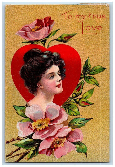 1909 Valentine Pretty Girl Heart Pink Flowers Mifflin Pennsylvania PA Postcard