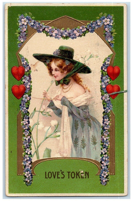 1909 Valentine Pretty Girl Dress Big Hat Pansies Flower Hearts Embossed Postcard