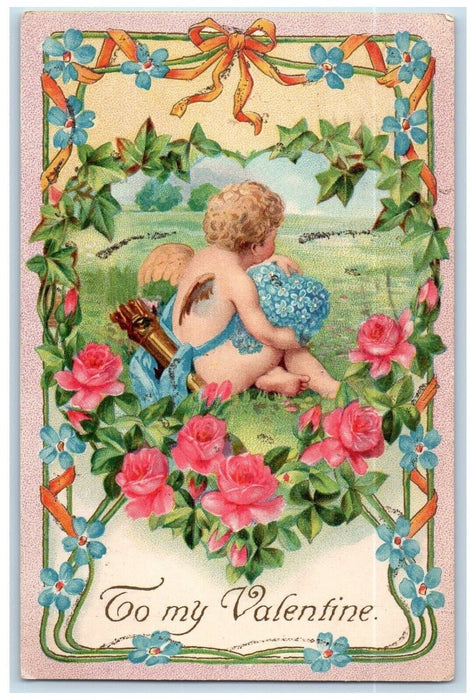 1907 Valentine Angel Arrow Heart Pansies Flowers Pink Roses Antique Postcard