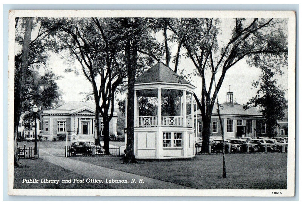 View Of Public Library And Post Office Cars Lebanon New Hampshire NH Postcard