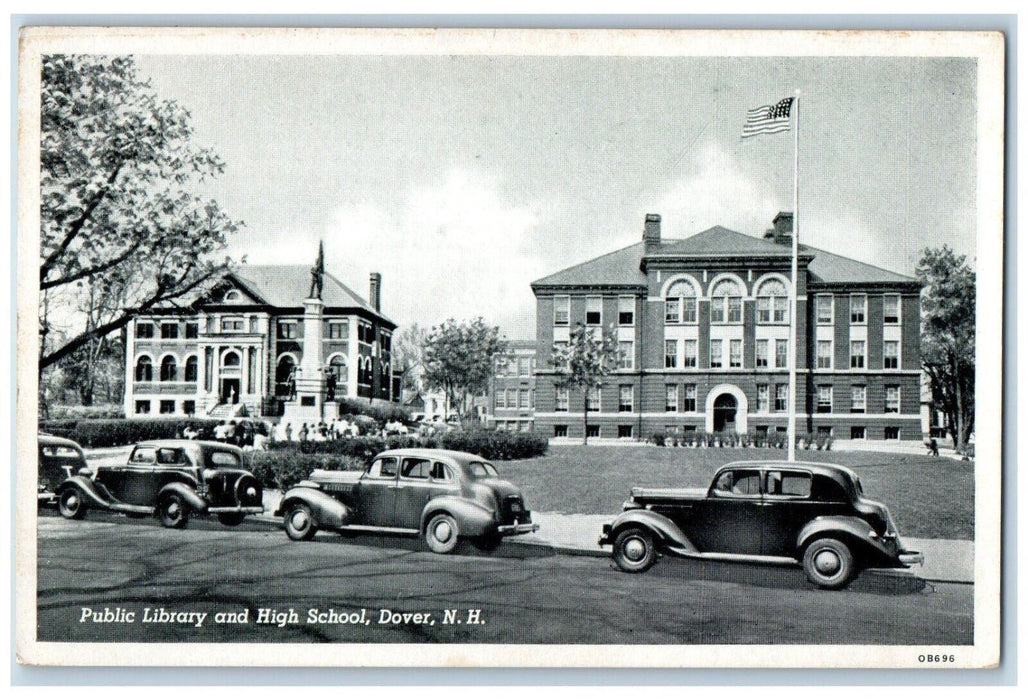 Public Library And High School Cars Statue Scene Dover New Hampshire NH Postcard