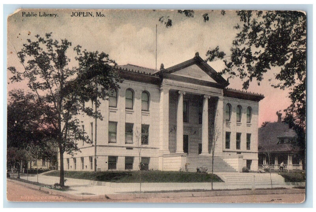 c1910's Public Library Building Handcolored Joplin Missouri MO Postcard