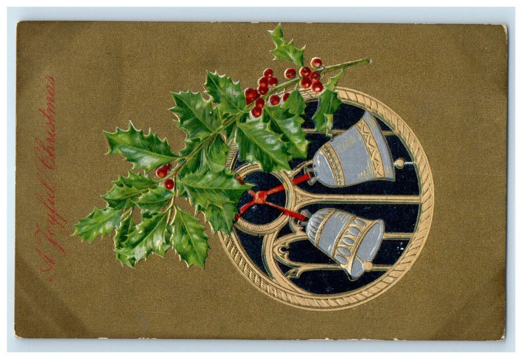 c1910 Tied Christmas Seal Allentown PA Bells Holly Winsch Back Gold Postcard