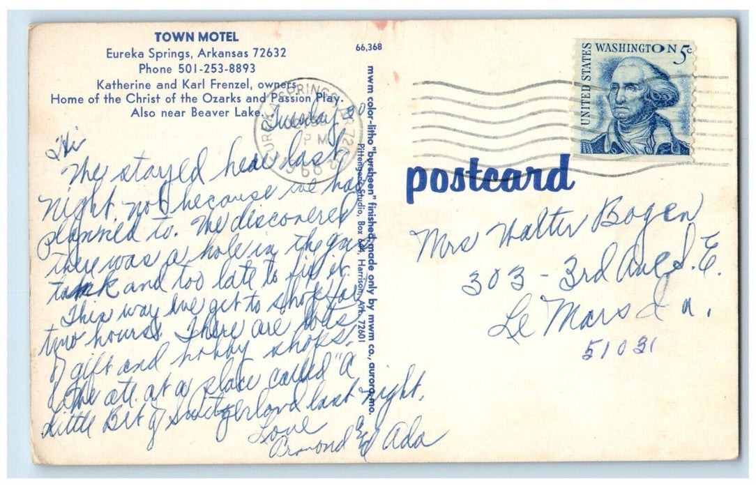 1968 Town Motel Eureka Springs Arkansas AR Vintage Posted Postcard