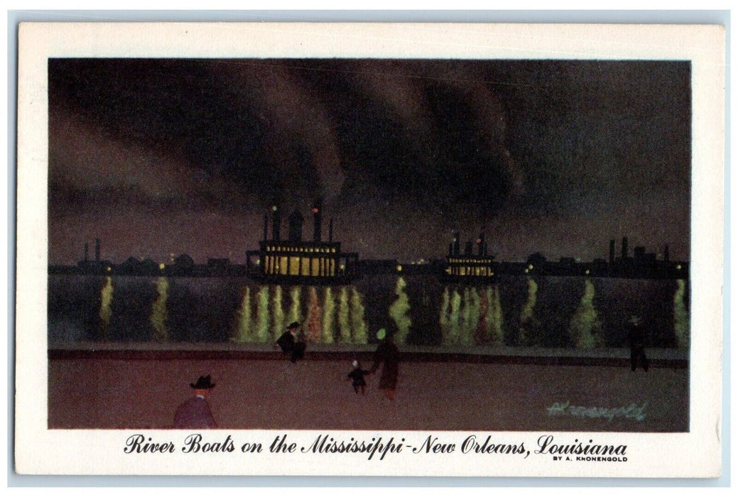 c1930 River Boats Mississippi Night Park Building New Orleans Louisiana Postcard