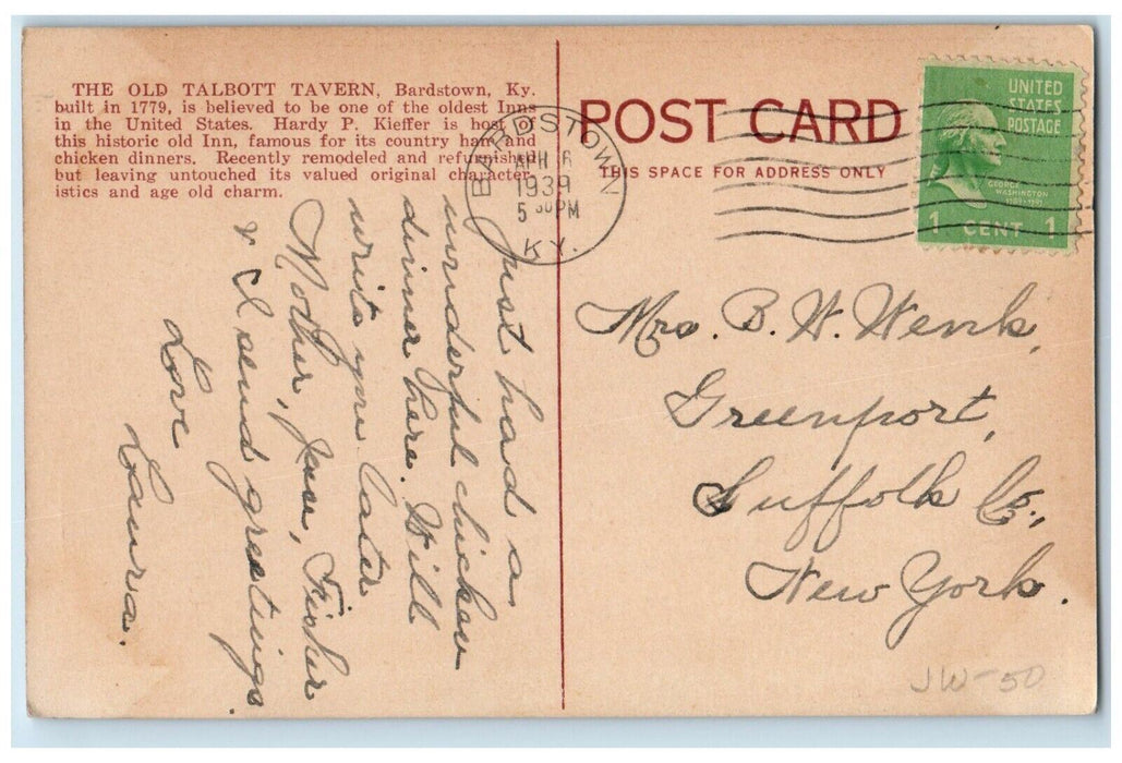 1939 Old Stone Inn Old Talbott Tavern Hardy Kieffer Bradstown Kentucky Postcard