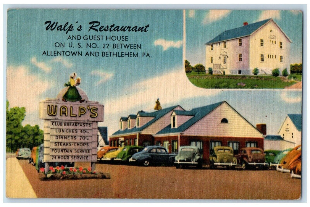 c1950's Walp's Restaurant and Guest House Allentown and Bethlehem PA Postcard