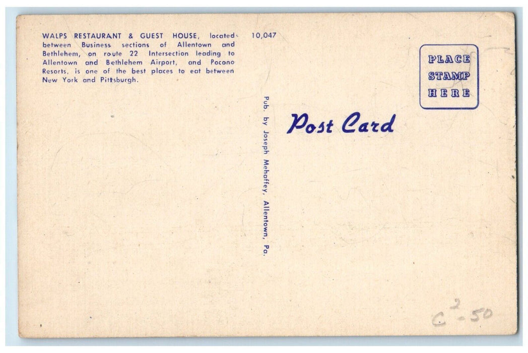 c1950's Walp's Restaurant and Guest House Allentown and Bethlehem PA Postcard