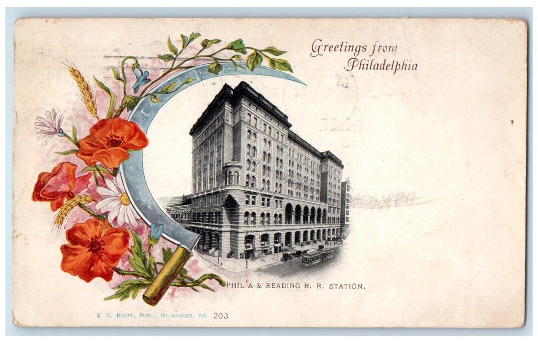 1908 Phila & Reading Railroad Station Greetings from Philadelphia PA Postcard