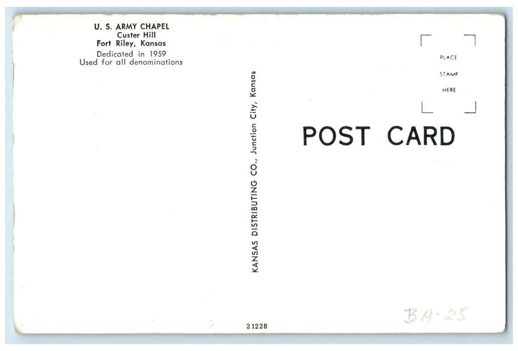 c1959 US Army Chapel Church Exterior Custer Hill Fort Riley Kansas KS Postcard