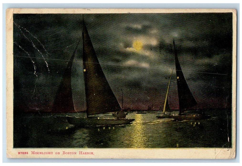 1910 Moonlight Night Sailboat Moon Boston Harbor Boston Massachusetts  Postcard