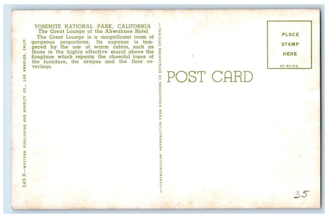 c1960's Great Lounge of Ahwahnee Hotel Yosemite National Park CA Postcard