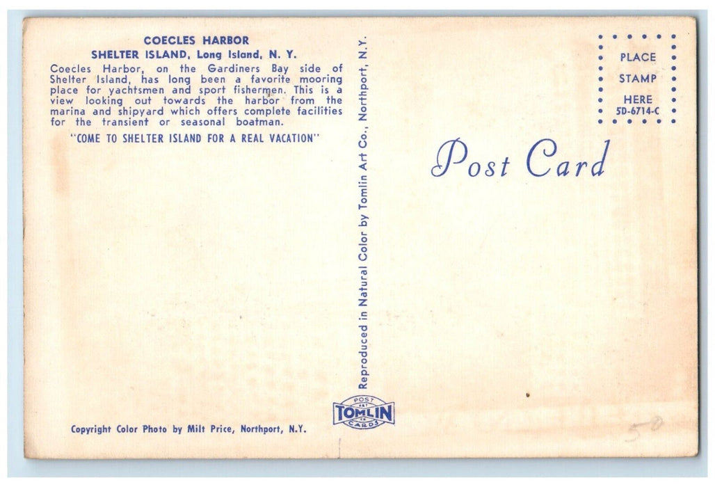 c1960's Boat Coecles Harbor Shelter Island Long Island New York NY Postcard