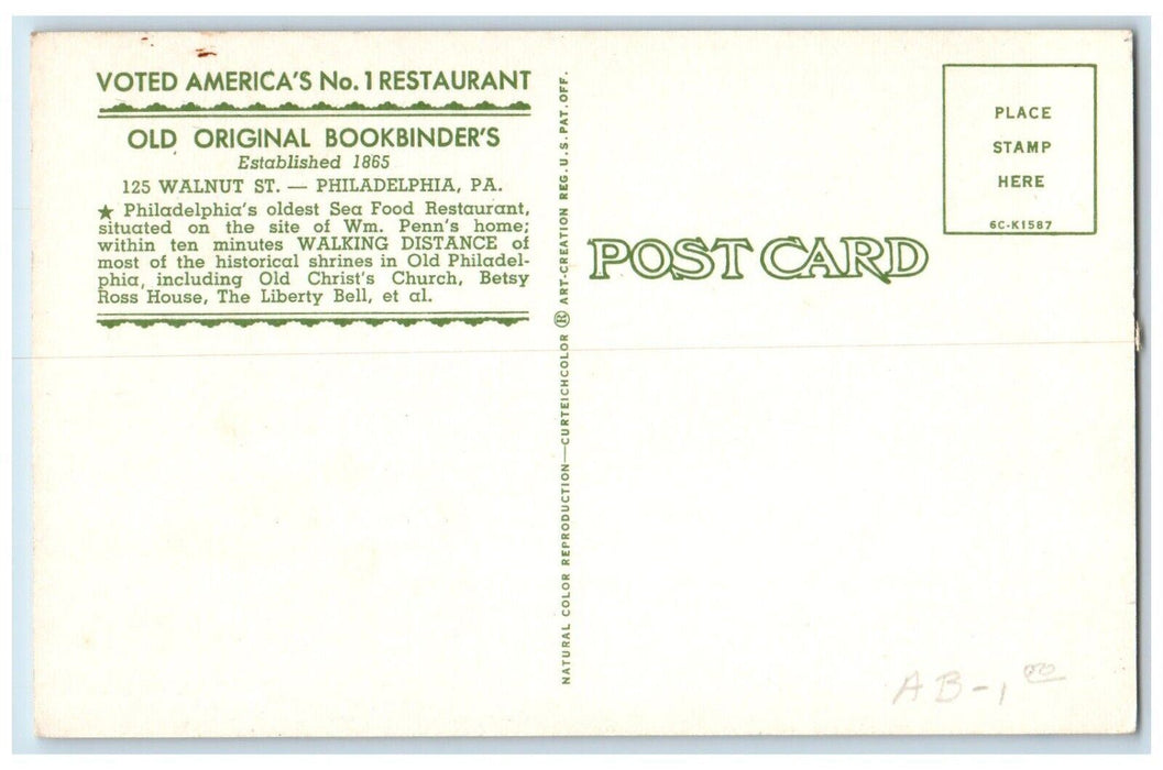 c1950's Old Original Bookbinder's Restaurant Philadelphia PA Postcard