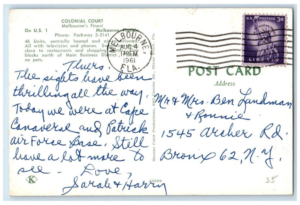 1961 Colonial Court Melbourne's Finest Melbourne Florida FL Posted Postcard
