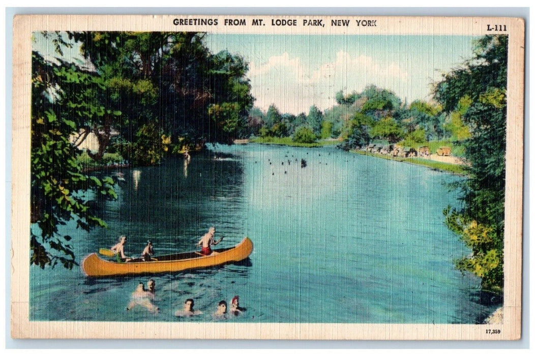1954 Canoe Boat Greetings from Mt. Lodge Park New York NY Posted Postcard