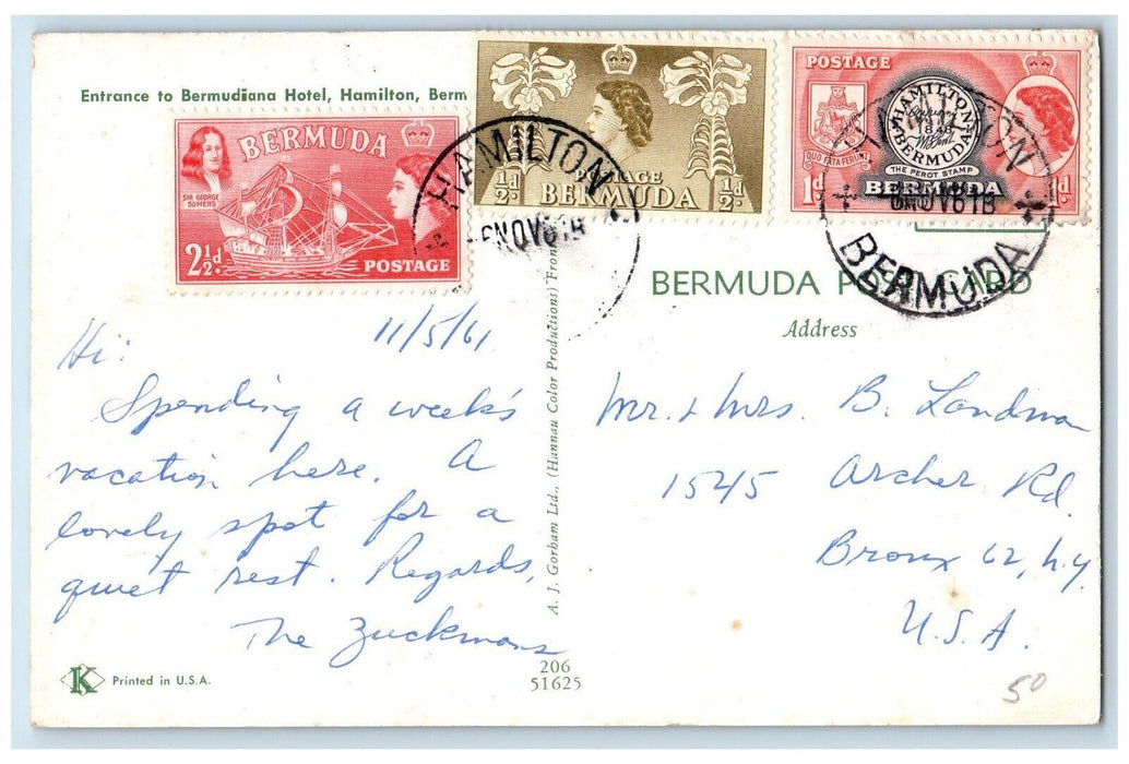 1961 Entrance to Bermudiana Hotel Hamilton Bermuda Vintage Postcard