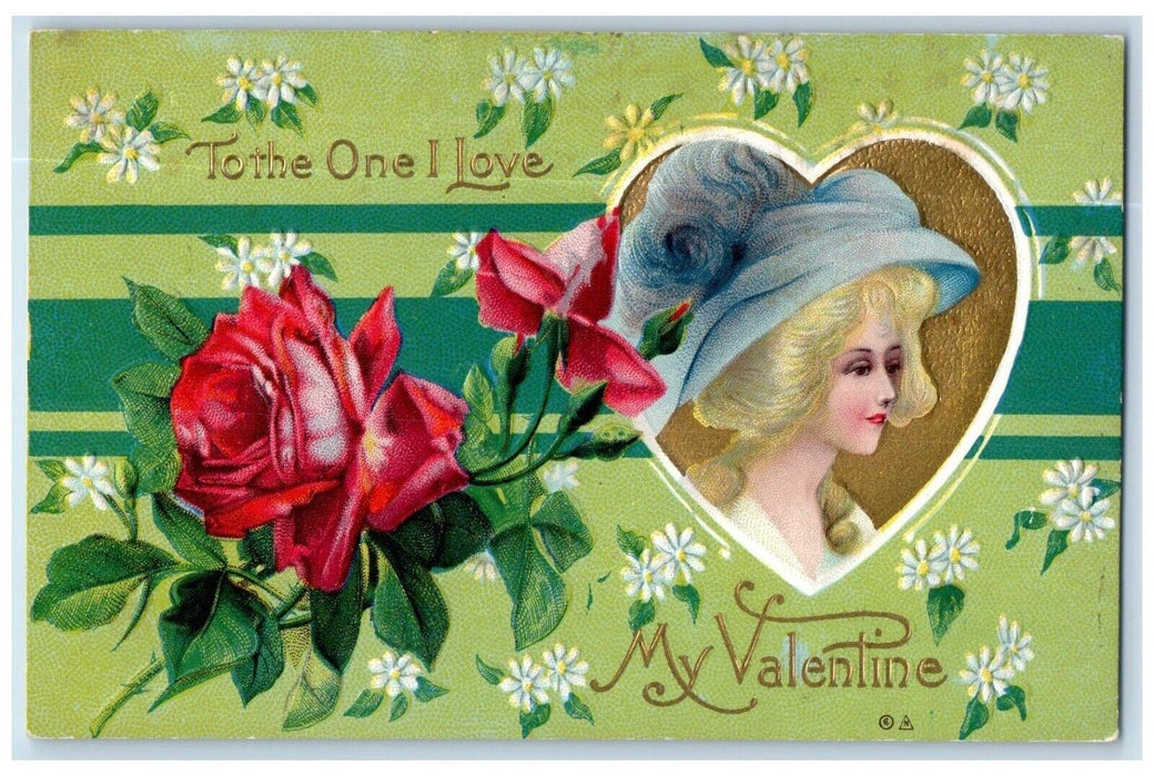 c1910's Valentine Heart Pretty Girl Big Hat Red Flowers Embossed Nash Postcard