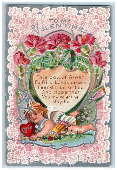 c1910's Valentine Cupid Angel Bow And Arrow Heart Flowers Embossed Postcard