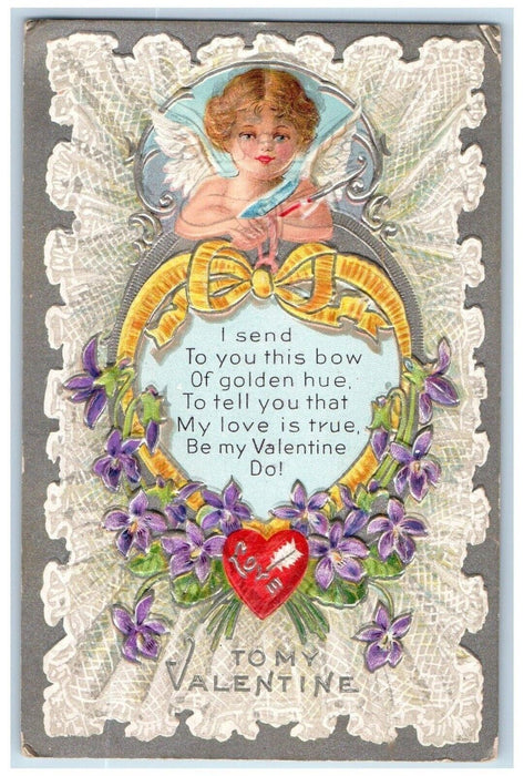 c1910's Valentine Cupid Angel Bow And Arrow Heart Pansies Flowers Postcard