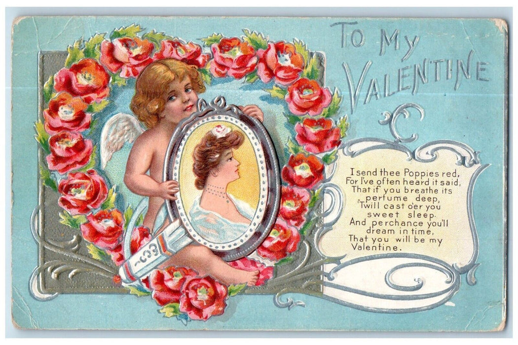c1910's Valentine Cupid Angel Pretty Girl Flowers Embossed Antique Postcard