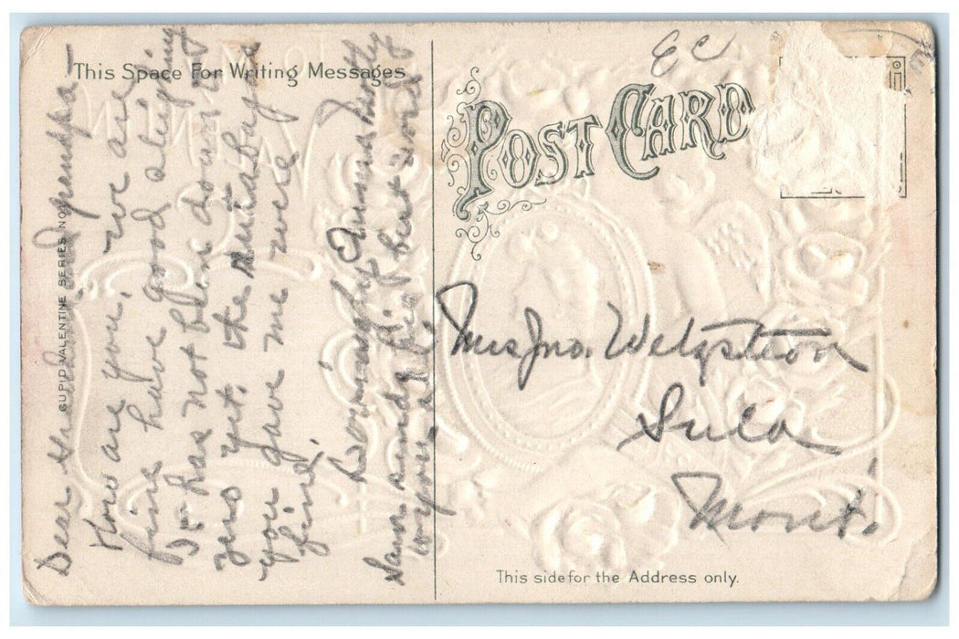 c1910's Valentine Cupid Angel Pretty Girl Flowers Embossed Antique Postcard