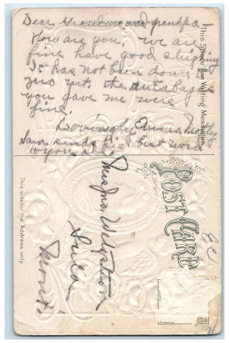 c1910's Valentine Cupid Angel Pretty Girl Flowers Embossed Antique Postcard