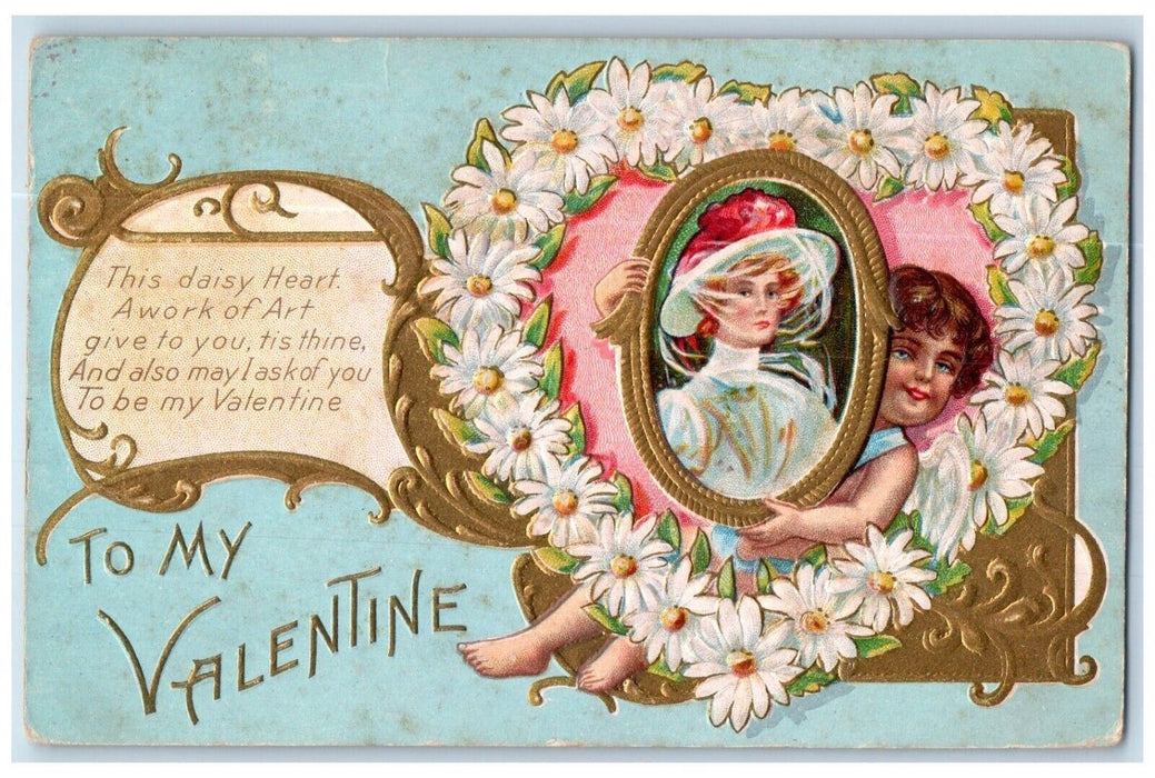 1909 Valentine Angel Girl Daisy Hearts Flowers Crestline Ohio Oh Posted Postcard