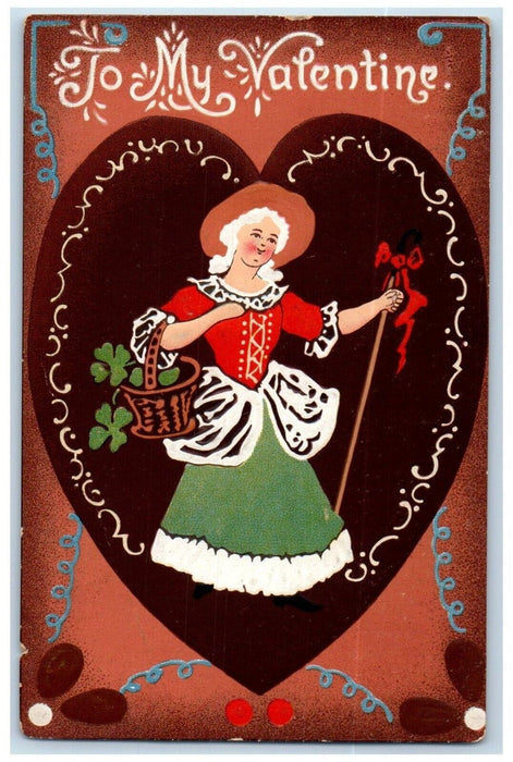 c1910's Valentine Giant Heart Girl Shamrock Basket Embossed Tuck's Postcard