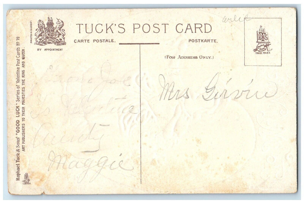c1910's Valentine Giant Heart Girl Shamrock Basket Embossed Tuck's Postcard