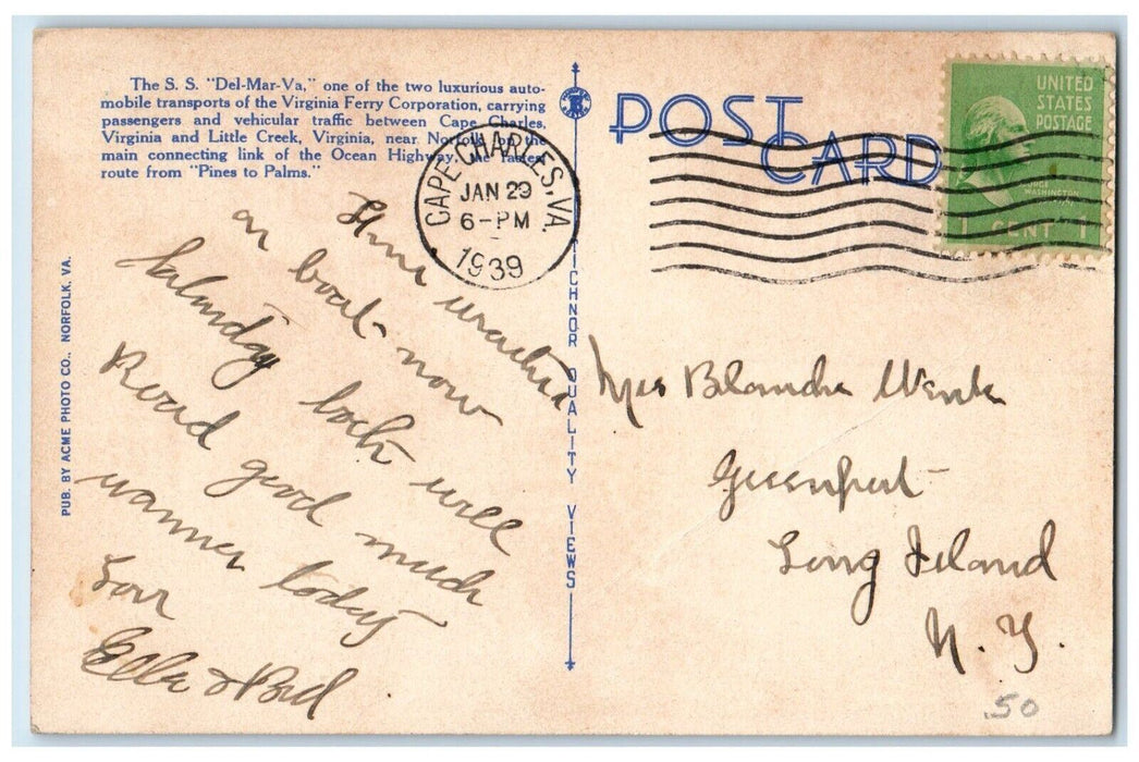 1939 Steamship Del-Mar-VA One of Two Luxurious Automobile Posted Postcard