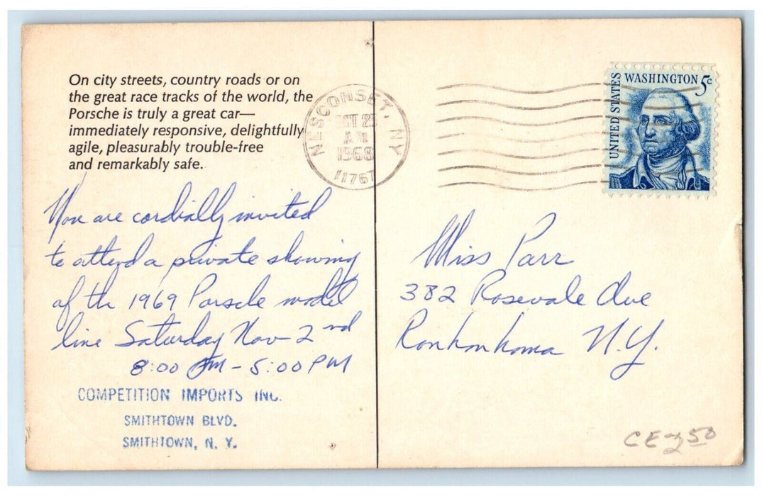 1968 On City Streets, Country Roads Porsche Car Competition Imports NY Postcard
