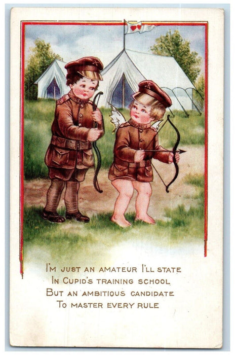 c1910's Valentine Cupid Angel Bow And Arrow Training WWI Camp Antique Postcard