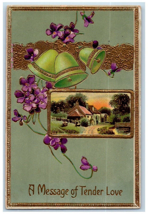 1911 Valentine Pansies Flowers Bells Gel Gold Gilt Embossed Antique Postcard