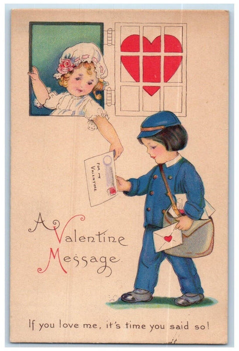 c1910's Valentine Message Boy Collecting Letter Postman Mail Antique Postcard