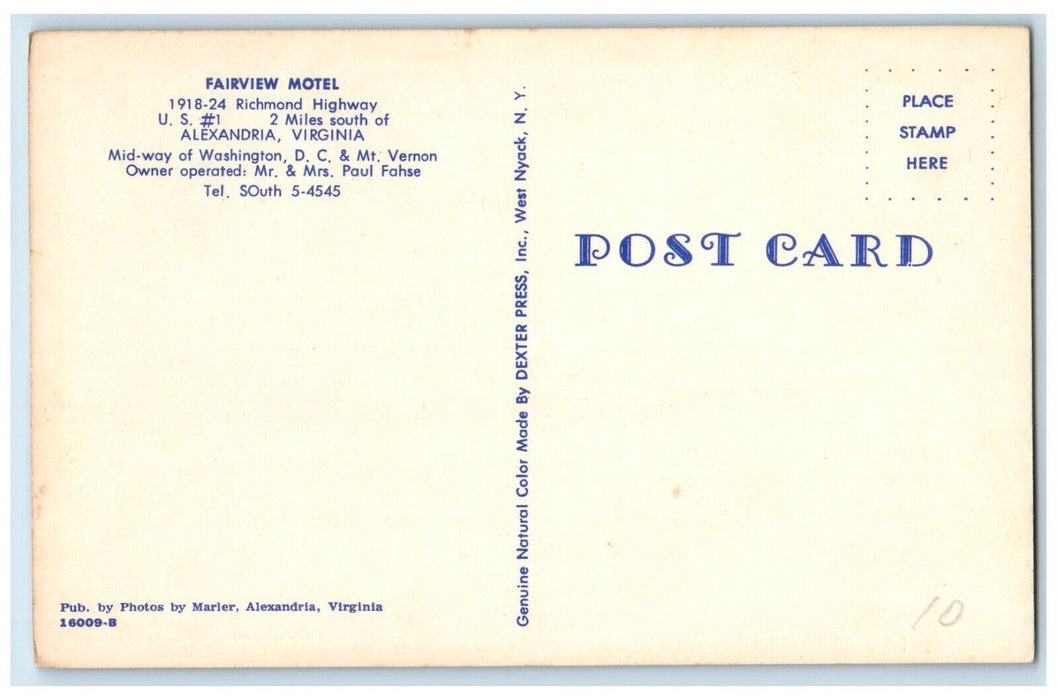 c1950's Fairview Motel Richmond Highway Alexandria Virginia VA Postcard