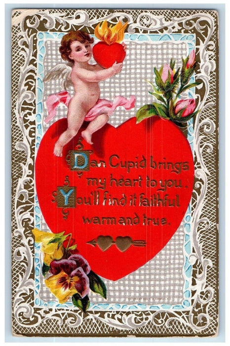 c1910's Valentine Angel Cherub Giant Heart Flowers Embossed Antique Postcard