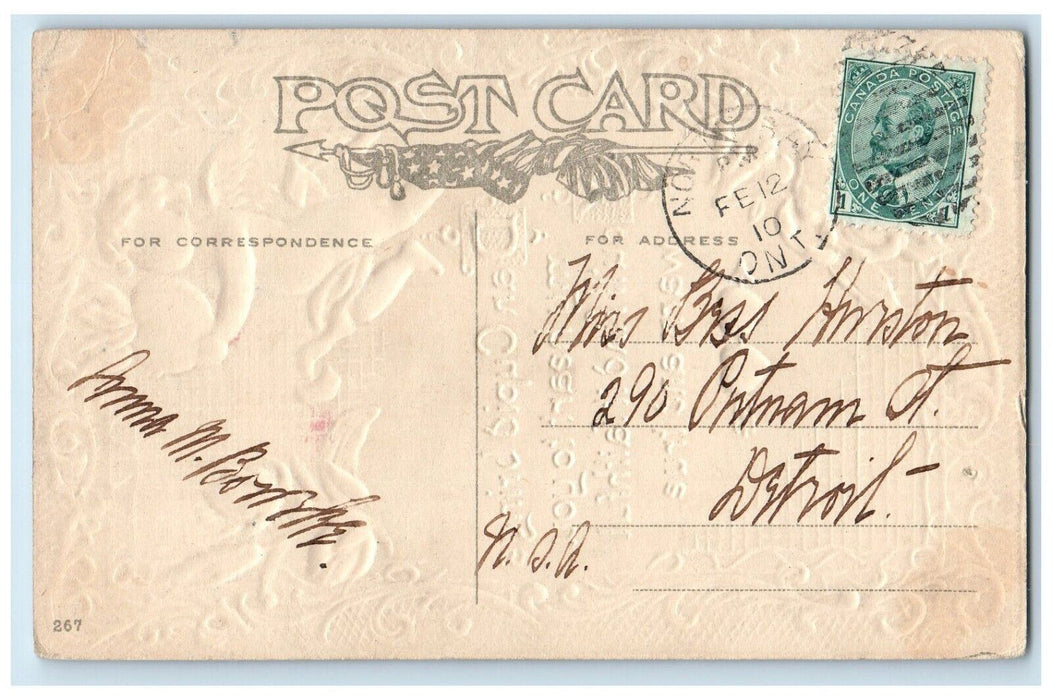 c1910's Valentine Angel Cherub Giant Heart Flowers Embossed Antique Postcard