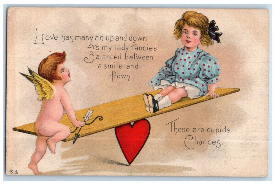 1912 Valentine Cupid Angel Girl Playing Seesaw Heart Posted Antique Postcard