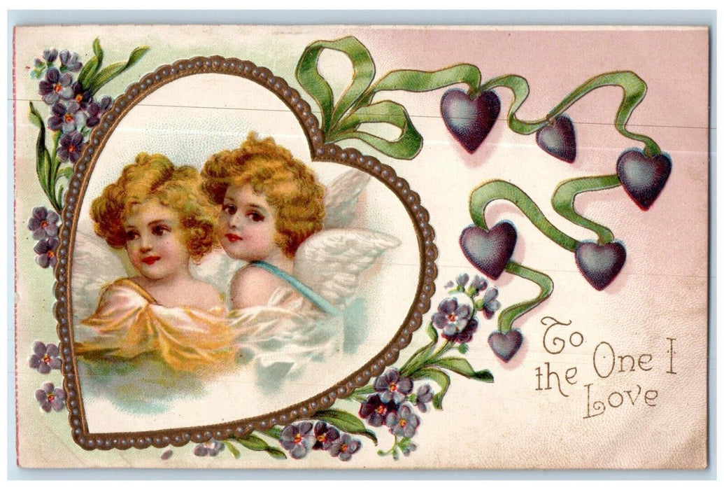 c1910's Valentine Angel Big Hearts Pansies Flowers Embossed Antique Postcard