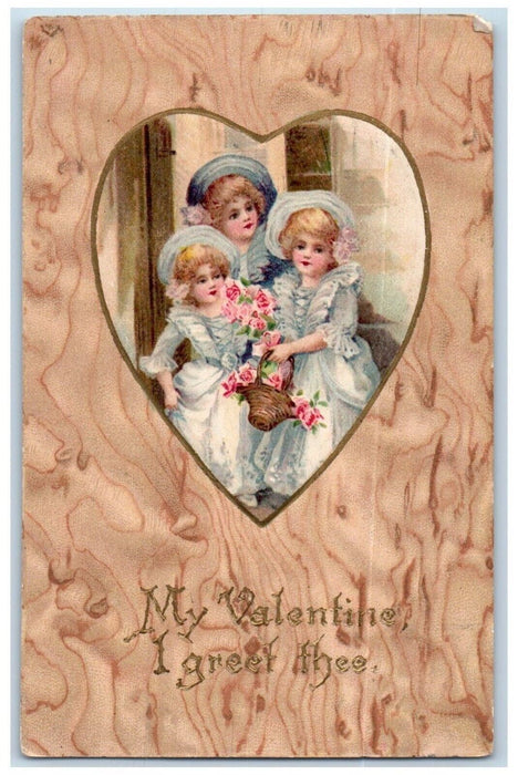 1906 Valentine Three Pretty Girls With Flowers Embossed Nash Antique Postcard