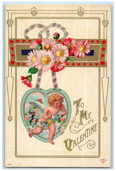 c1910's Valentine Heart Angel Pansies Flowers Embossed Unposted Antique Postcard