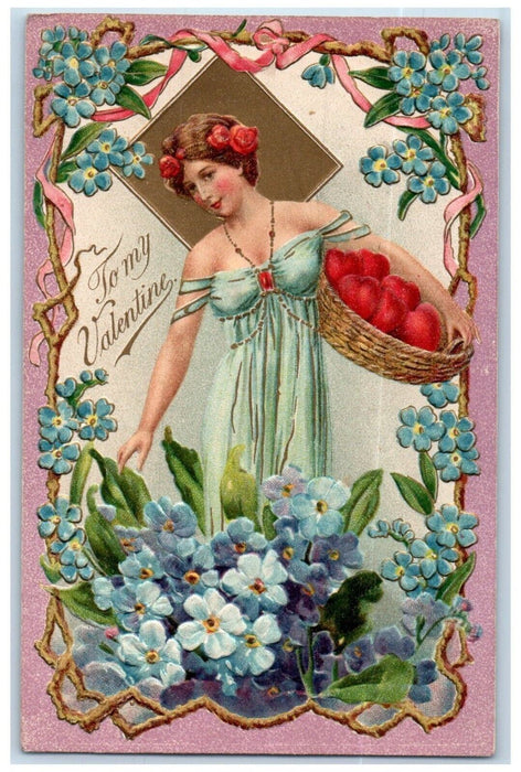 c1910's Valentine Girl Basket Of Pansies Flowers Embossed Antique Postcard