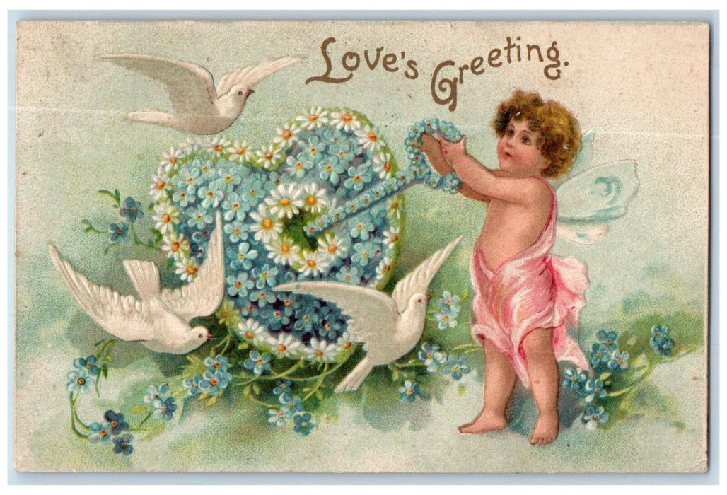 1909 Valentine Angel Heart Key Daisy Flowers Dove Clapsaddle Embossed Postcard