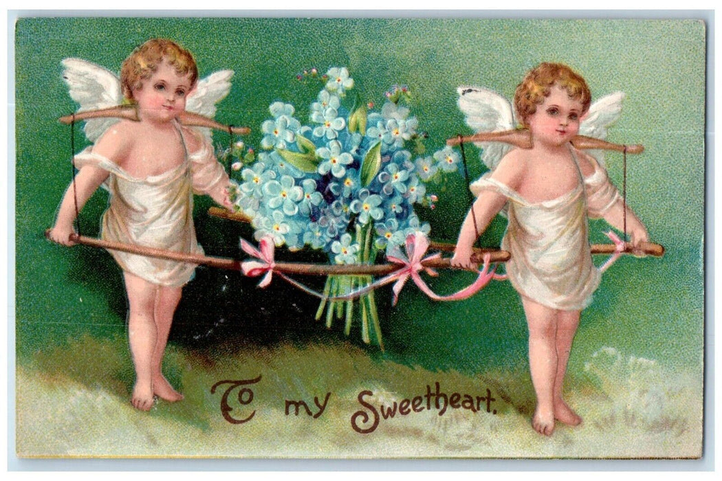 1909 Valentine Angels Carrying Pansies Flowers Clapsaddle Embossed Postcard